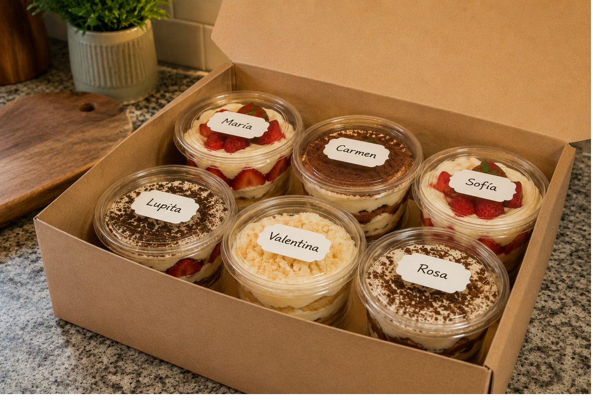 Pedidos de postres en vaso empacados y listos para entregar