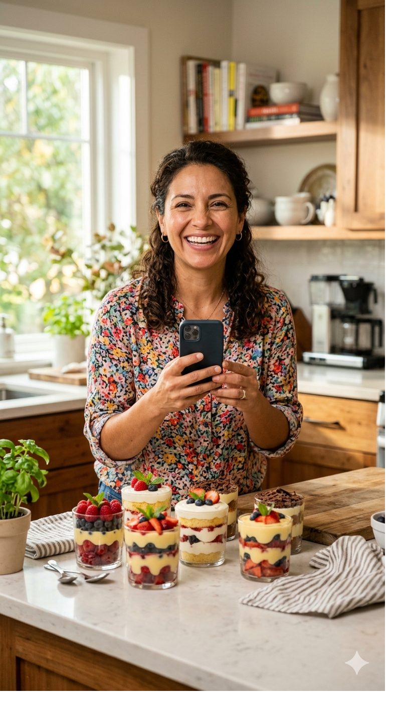Mujer latina sonriendo en su cocina mostrando sus postres en vaso y su celular con la app DulceVaso